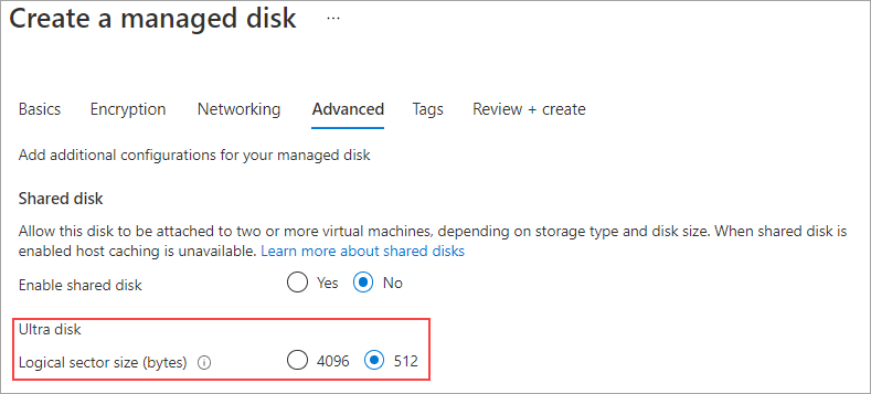 Skärmbild av väljaren för att ändra den logiska sektorstorleken för Ultra Disk till 512.