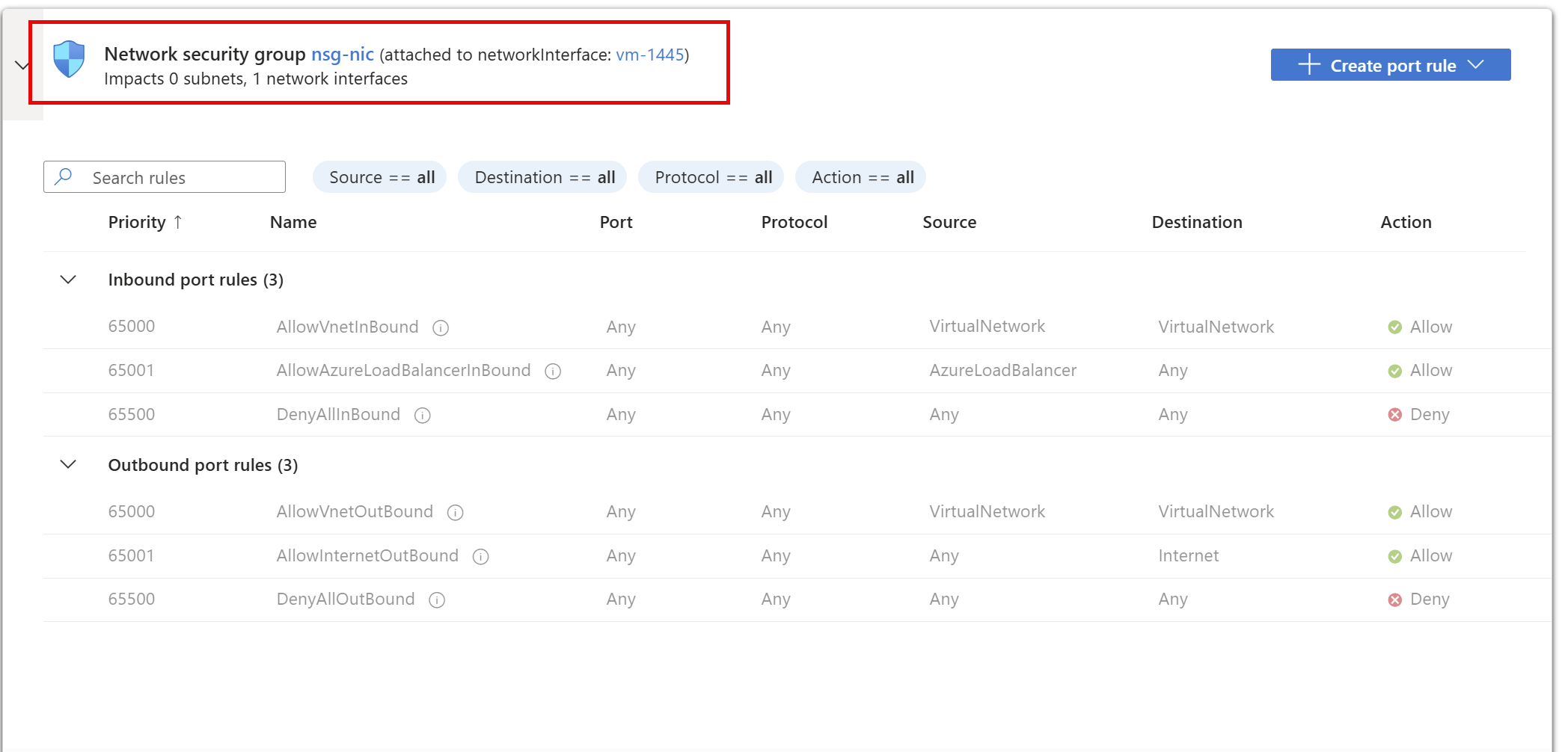 Skärmbild som visar Azure-portalen med nätverksinställningar för min V M V M Nic 2.