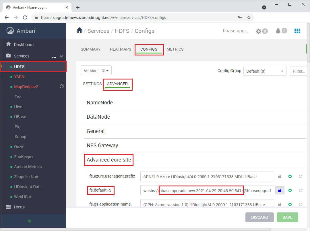 I Ambari väljer du Tjänster > HDFS > Configs > Advanced > Advanced core-site och ändrar containernamnet.