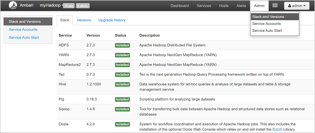 Apache Ambari administratör stack och versioner.