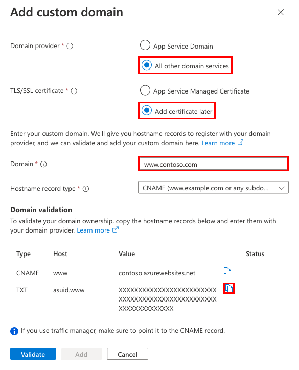 En skärmbild som visar hur du konfigurerar en ny anpassad domän, tillsammans med ett hanterat certifikat.