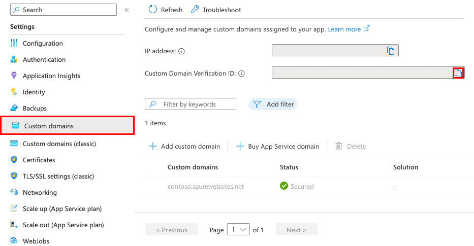 Skärmbild som visar ID:t i rutan Custom Domain verifierings-ID.