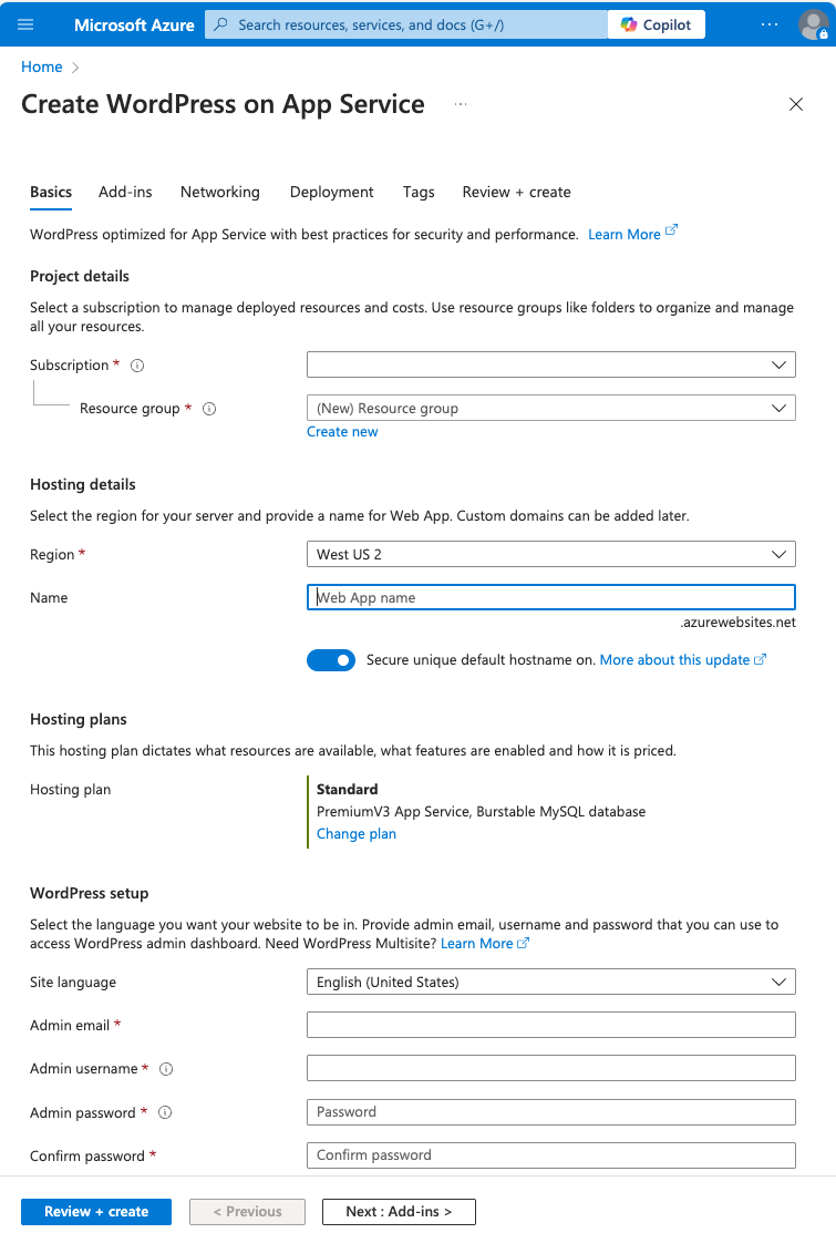 Skärmbild av Skapa en WordPress-webbplats på Azure App Service.