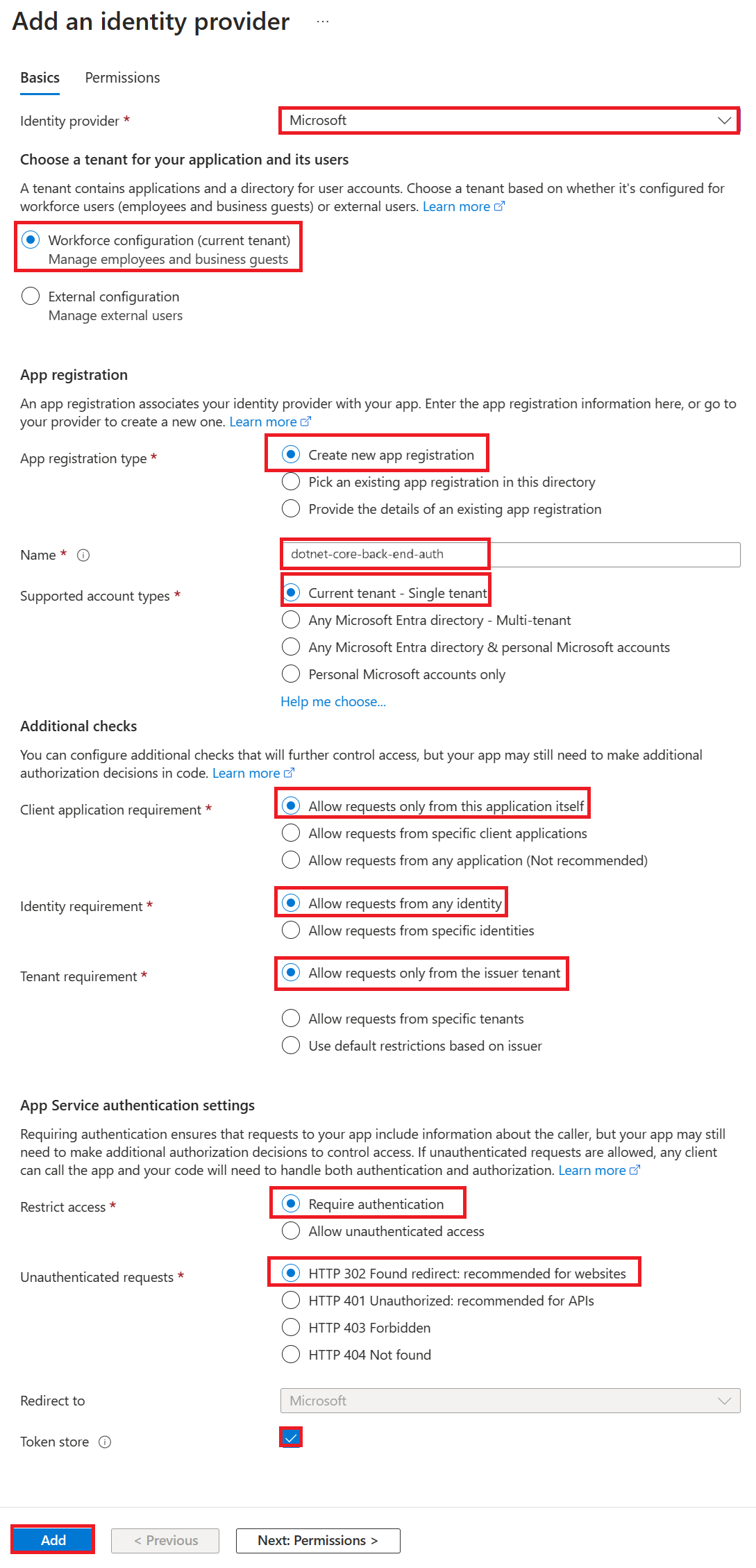 Skärmbild av serverdelsappens vänstra meny med autentisering/auktorisering vald och inställningar som valts i den högra menyn.