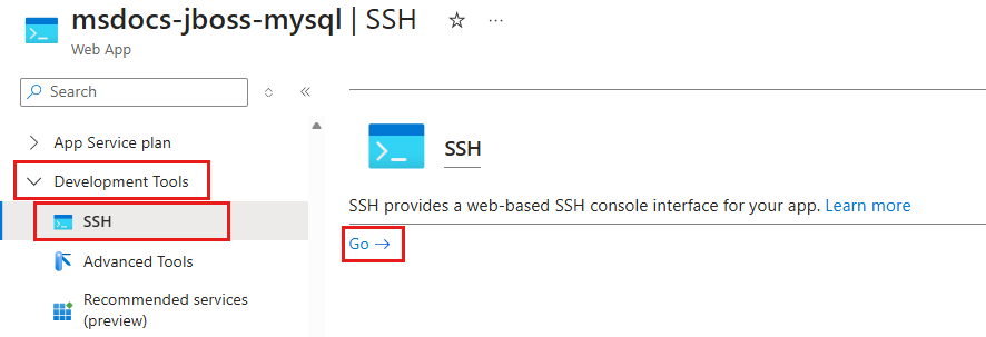 En skärmbild som visar hur du öppnar SSH-gränssnittet för din app från Azure Portal.