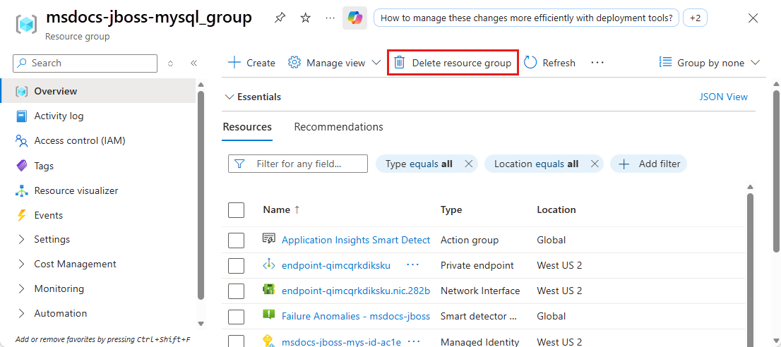 En skärmbild som visar platsen för knappen **Ta bort resursgrupp** i Azure Portal.