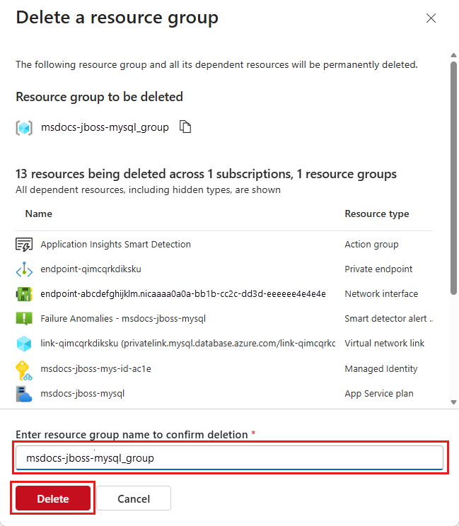 En skärmbild av bekräftelsedialogrutan för att ta bort en resursgrupp i Azure Portal.