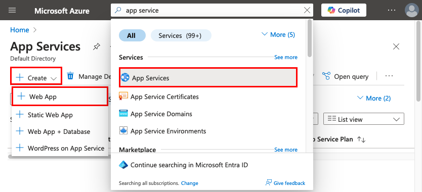 En skärmbild som visar hur du använder sökrutan i det övre verktygsfältet för att hitta guiden Skapa webbapp.