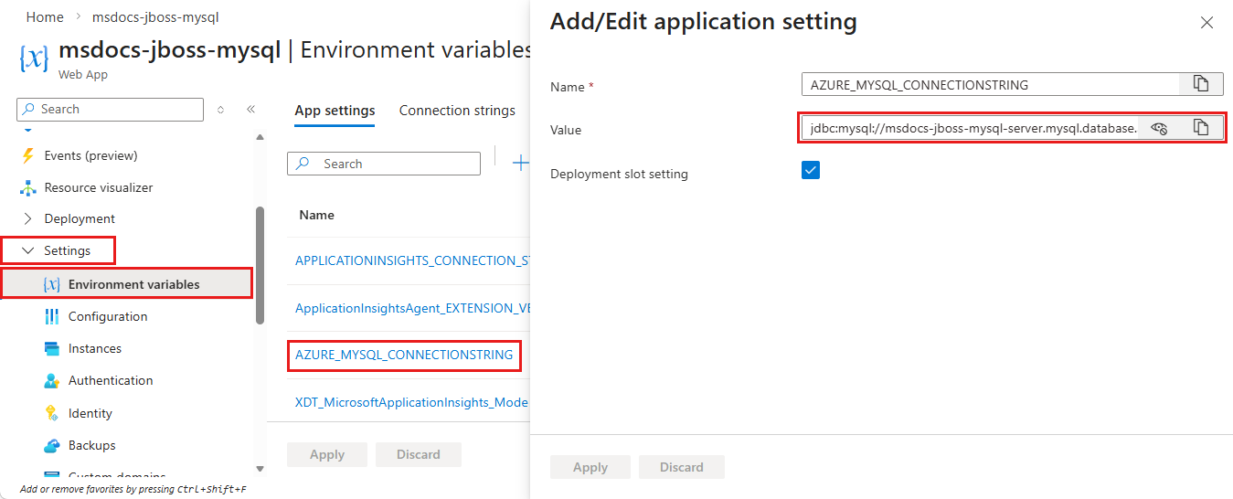 En skärmbild som visar hur du ändrar värdet för miljövariabeln MySQL i Azure.