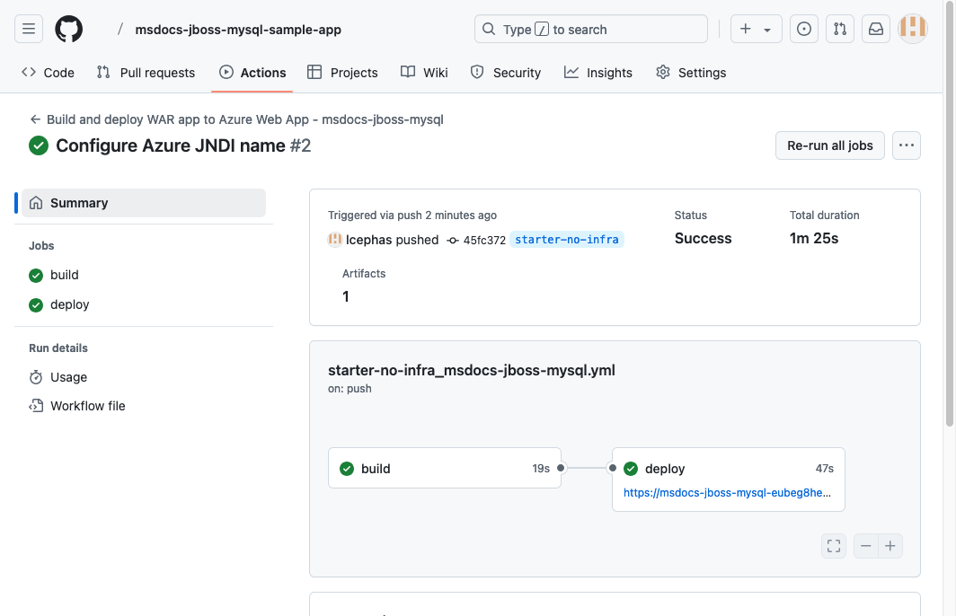 En skärmbild som visar de ändringar som checkas in och skickas till GitHub.