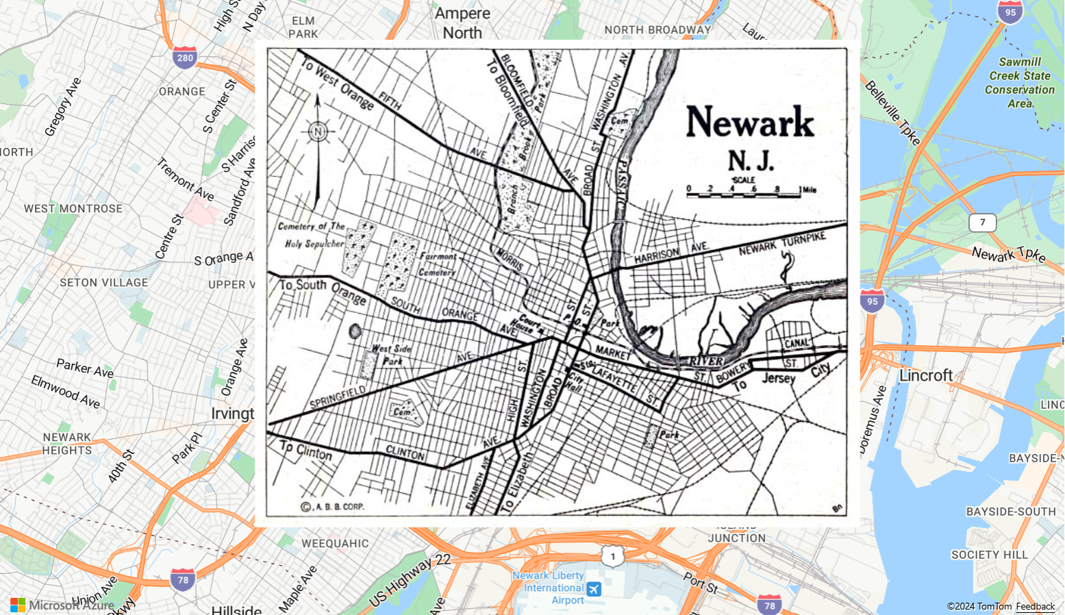 En skärmbild som visar en karta med en bild av en karta över Newark New Jersey från 1922 som ett bildlager.