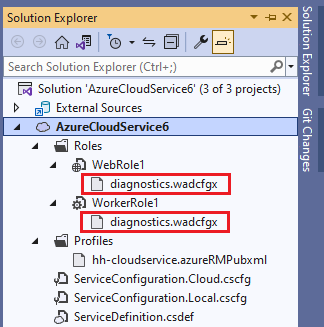 Skärmbild som visar diagnostikfilen i Azure Cloud Services Solution Explorer.