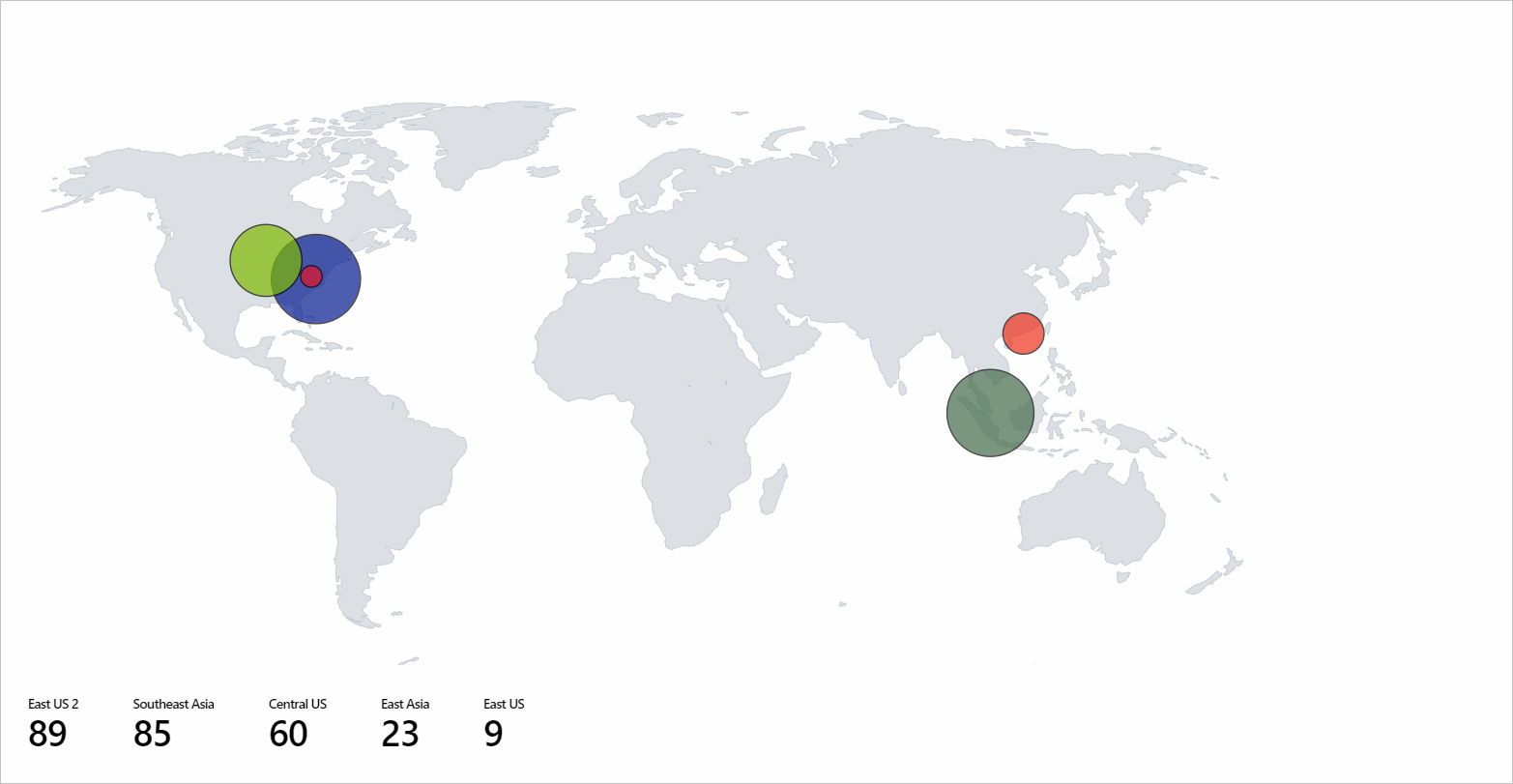 Skärmbild som visar en kartvisualisering som visar användare för varje latitud- och longitudplats med den valda etiketten för mått.