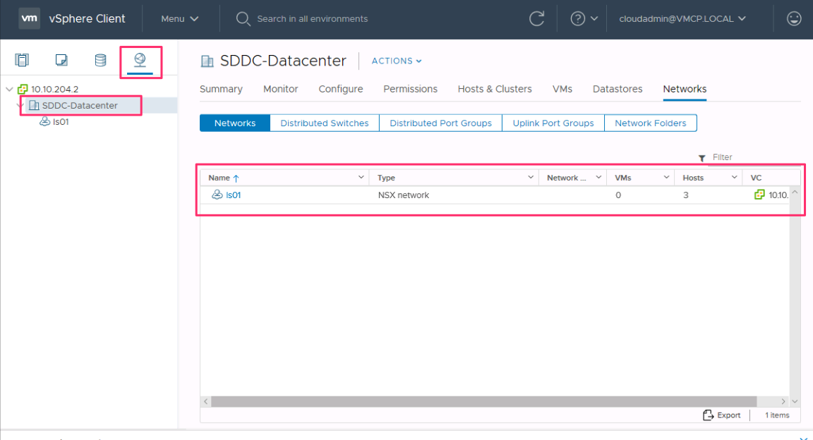 Skärmbild som visar bekräftelsen att det nya nätverkssegmentet finns i vCenter Server.