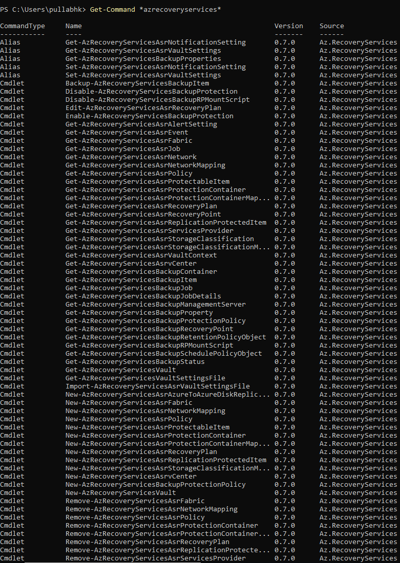 Lista över Recovery Services-cmdletar