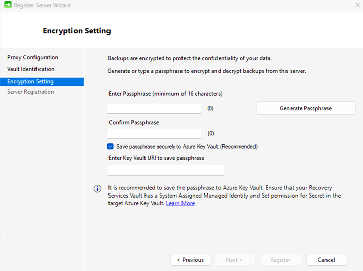 Skärmbild som visar hur du anger en lösenfras som ska användas för att kryptera och dekryptera säkerhetskopior för datorer.