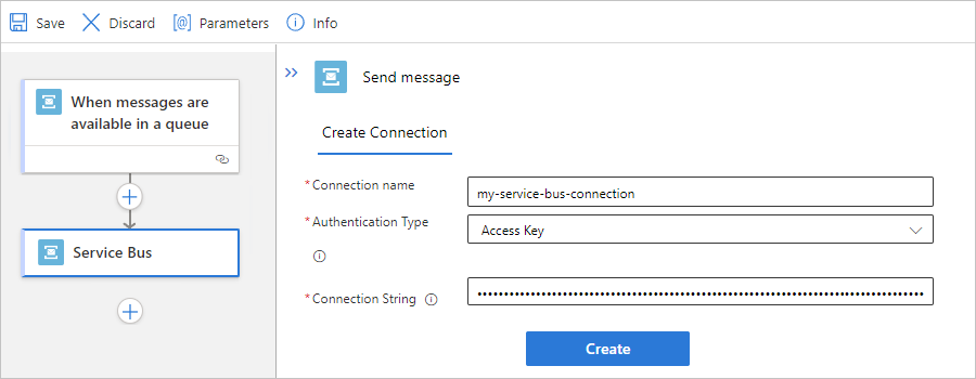 Skärmbild som visar standardarbetsflöde, Service Bus-hanterad åtgärd och exempel på anslutningsinformation.