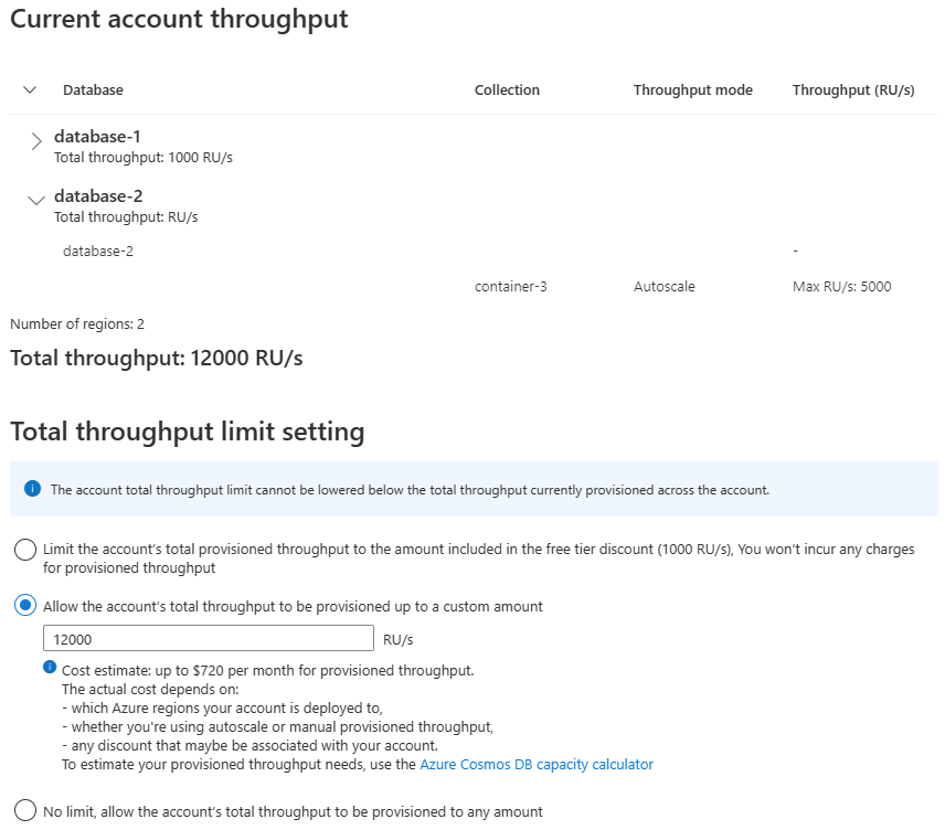 Skärmbild av Azure-portalen som visar hur du uppdaterar det totala kontodataflödet för ett befintligt konto