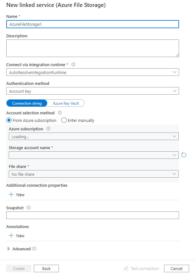 Skärmbild av konfigurationen av länkad tjänst för en Azure File Storage.