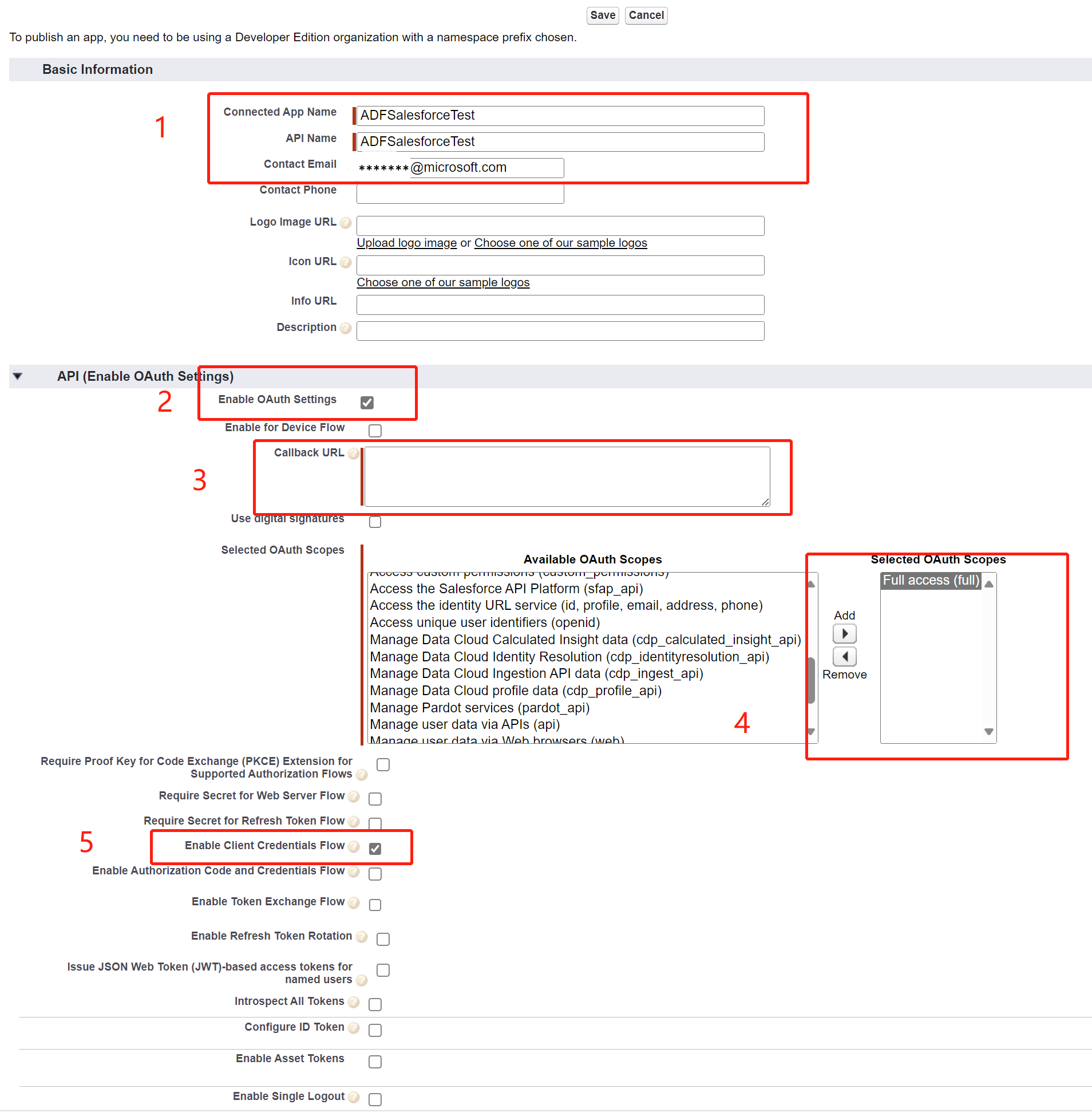 Skärmbild av konfiguration av grundläggande information för Salesforce-anslutningsappen.