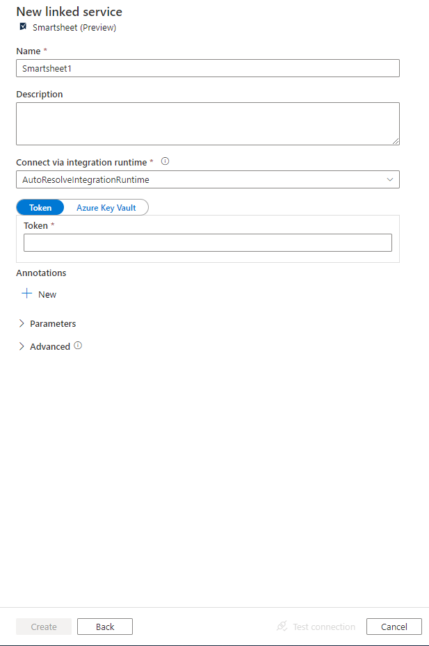 Skärmbild av konfigurationen för den länkade Smartsheet-tjänsten.