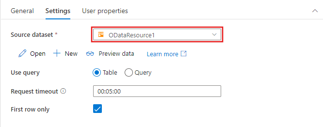 Visar konfigurationsalternativen i sökningsaktiviteten för en OData-datauppsättning.