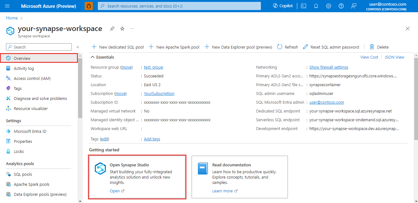 Screenshot som visar panelen för att öppna Azure Synapse Analytics Studio i Azure portal.