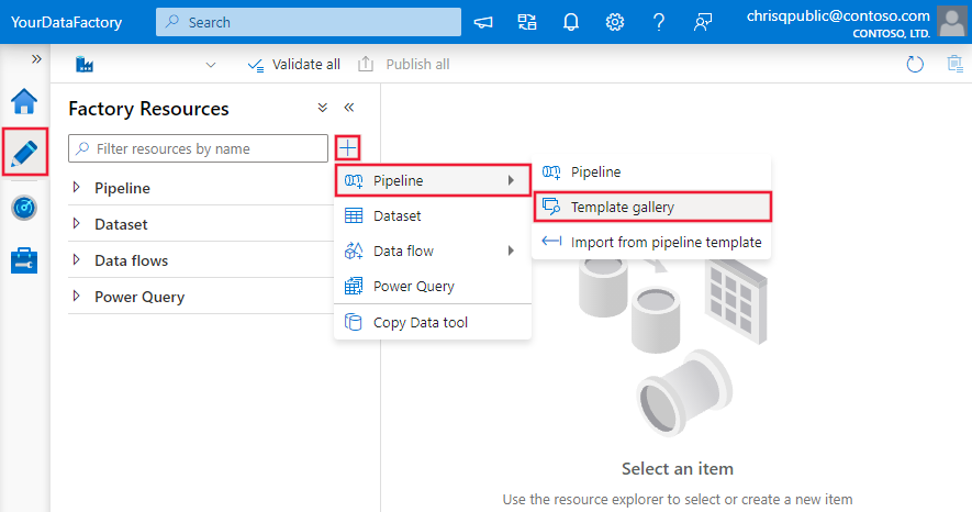 Screenshot som visar val för att öppna mallgalleriet i Azure Data Factory Studio.