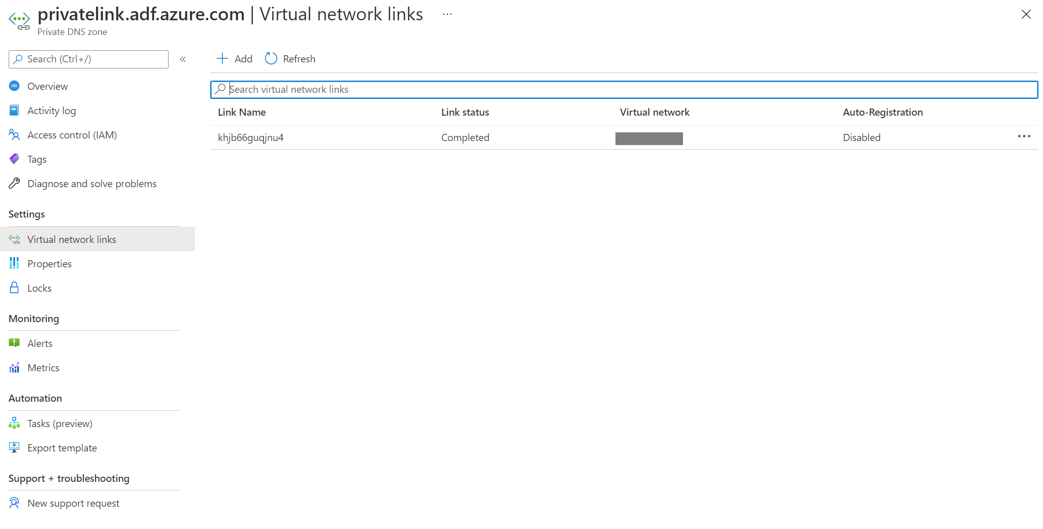 Skärmbild av länken för virtuellt nätverk.