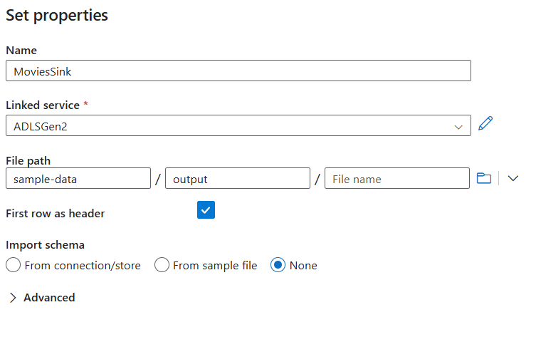 Skärmbild av sidan för att skapa datasänka med i den första raden som rubrik vald.