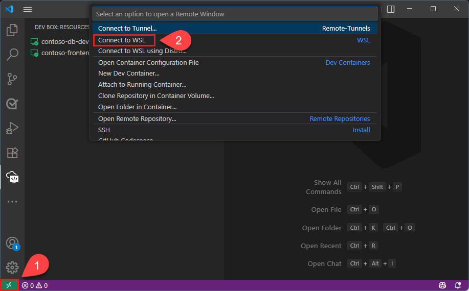 Skärmbild av Visual Studio Code Remote Explorer som visar tillgängliga WSL-distributioner med Dev Box WSL-målet markerat.