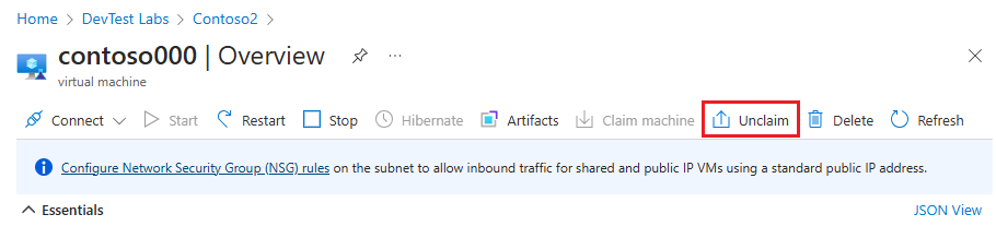 Skärmbild av 'Ångra anspråk' på översiktssidan för den virtuella datorn.
