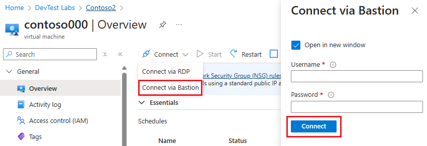 Skärmbild av att välja Anslut via Bastion och ansluta via Bastion.