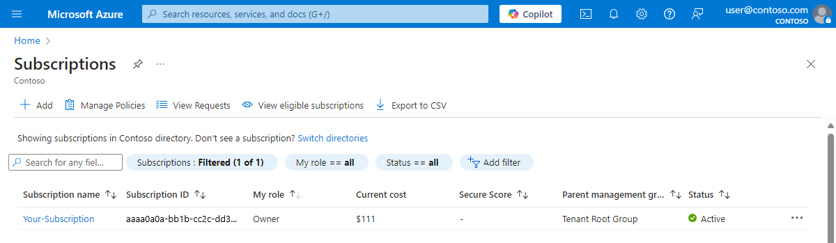 Skärmbild av sidan Prenumerationer i Azure Portal som visar användaren som ägare.