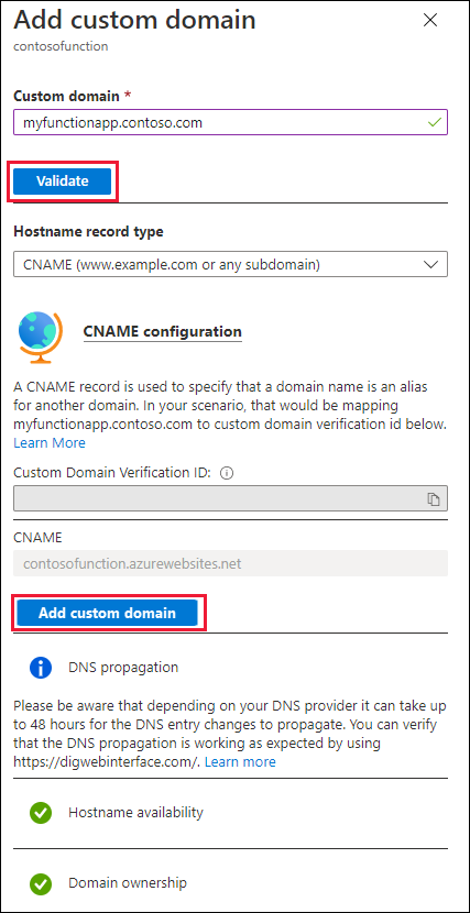 Skärmbild av sidan Lägg till anpassad domän för funktionsappen.