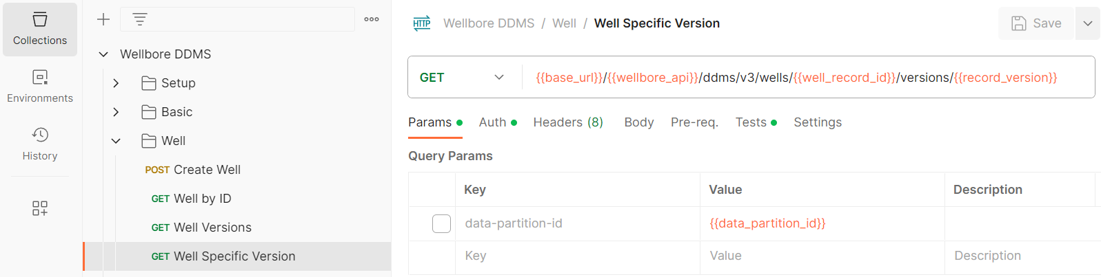 Screenshot that shows the API that gets a specific well version.