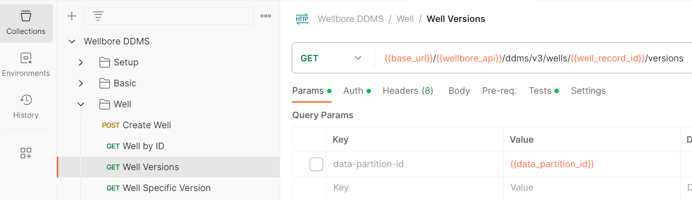 Screenshot that shows the API that gets all well versions.