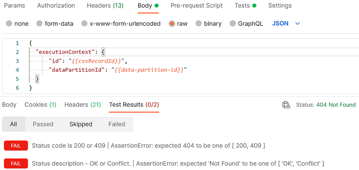 Screenshot that shows failure for a Postman call.