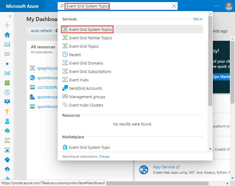 Sök efter och välj Event Grid System Topics