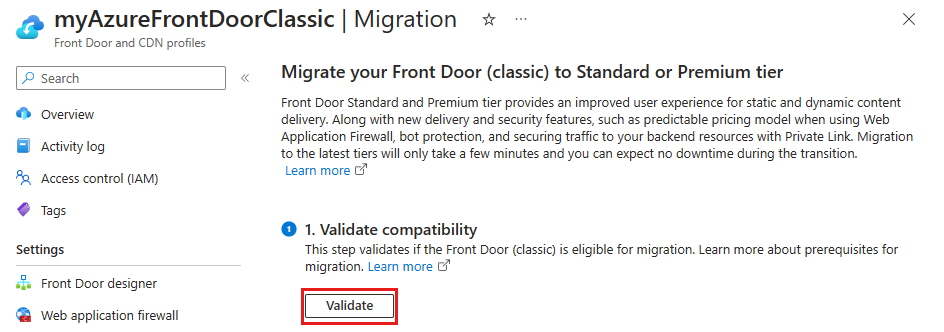 Skärmbild av avsnittet validera kompatibilitet på migreringssidan.