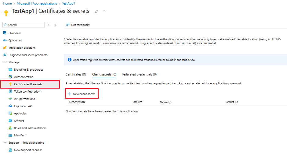 Skärmbild som visar formuläret för att skapa en ny klienthemlighet i avsnittet Certifikat och hemligheter.