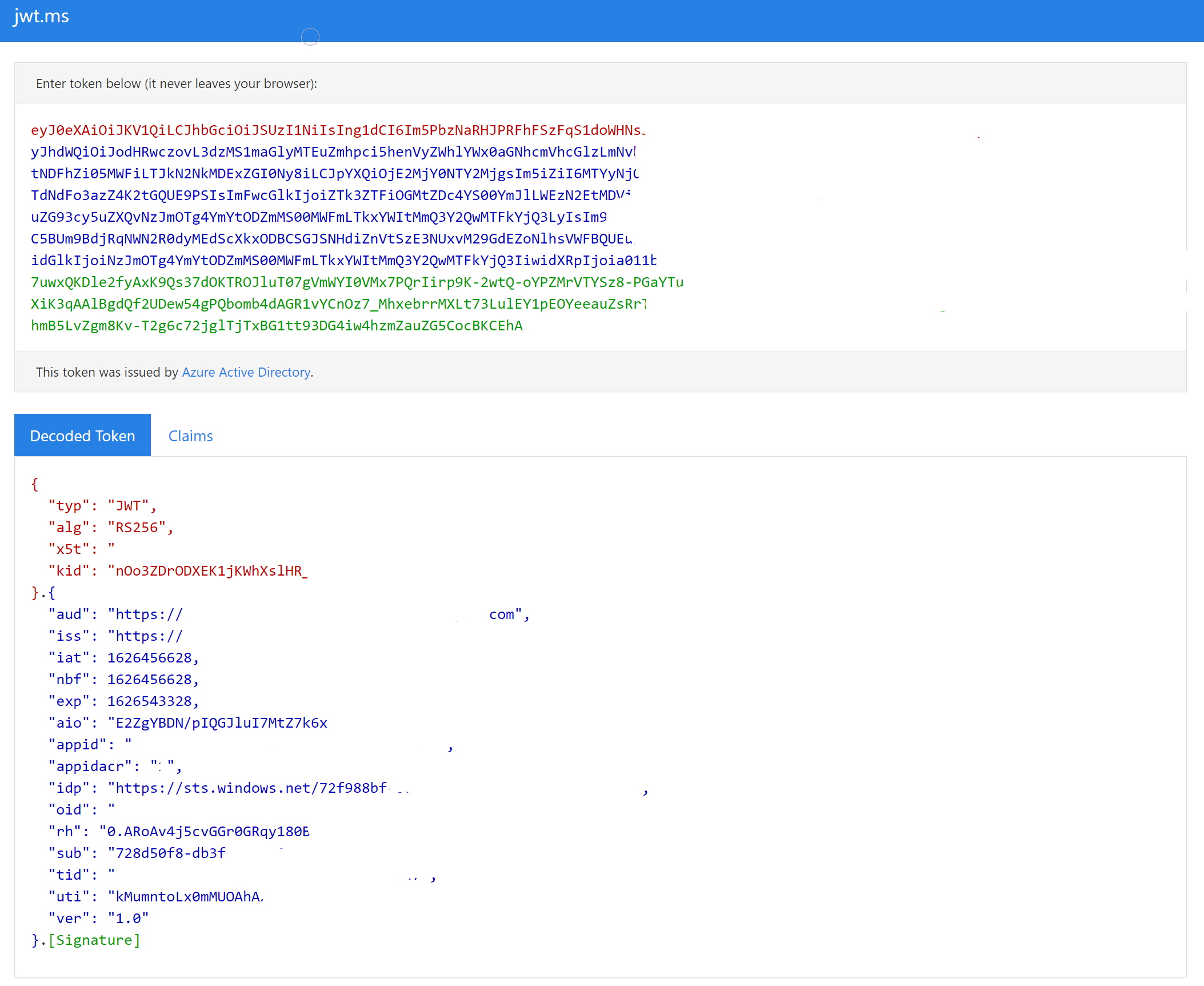 Skärmbild som visar anspråk på åtkomsttoken.