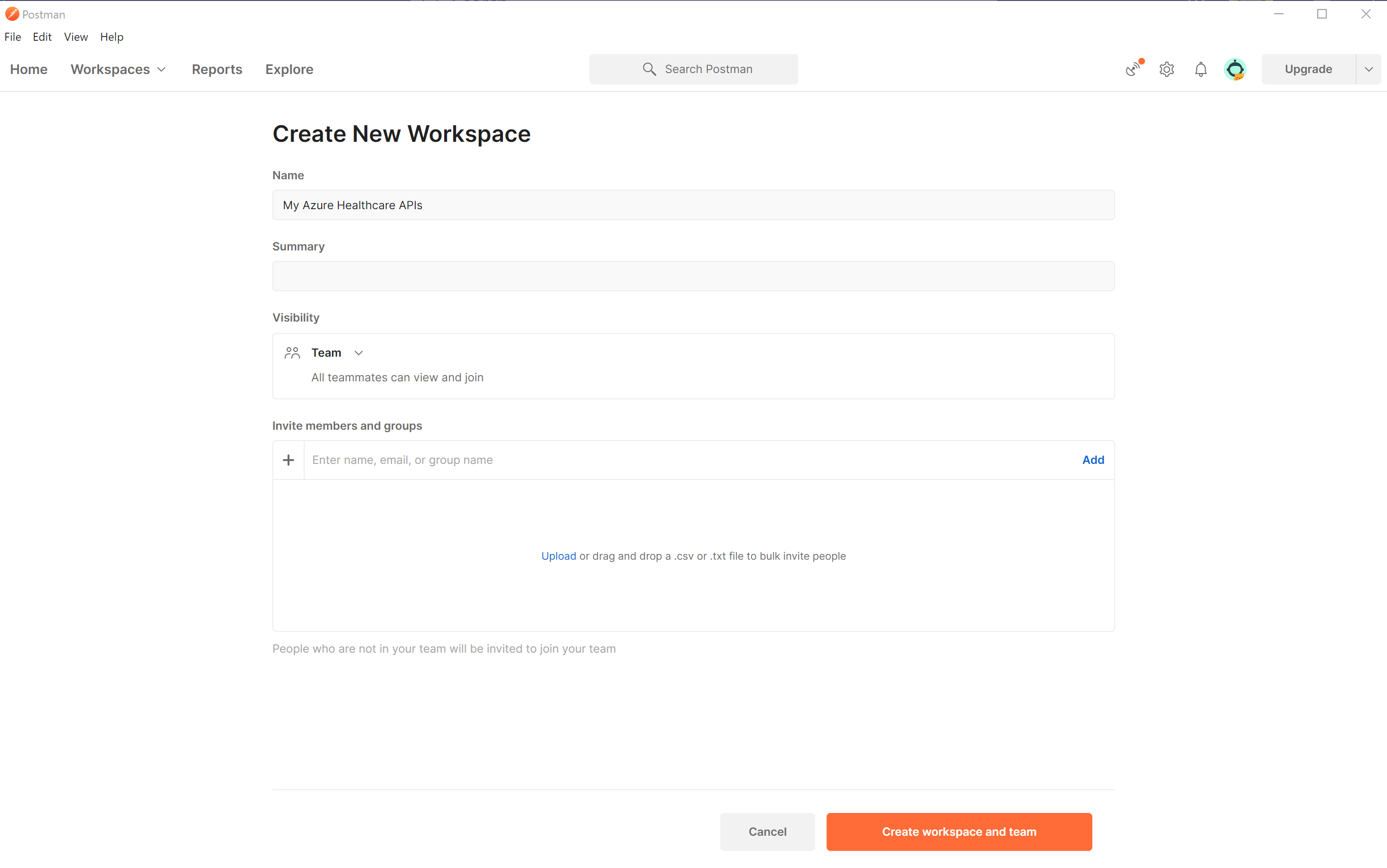 Skärmbild som visar skapande av arbetsyta.