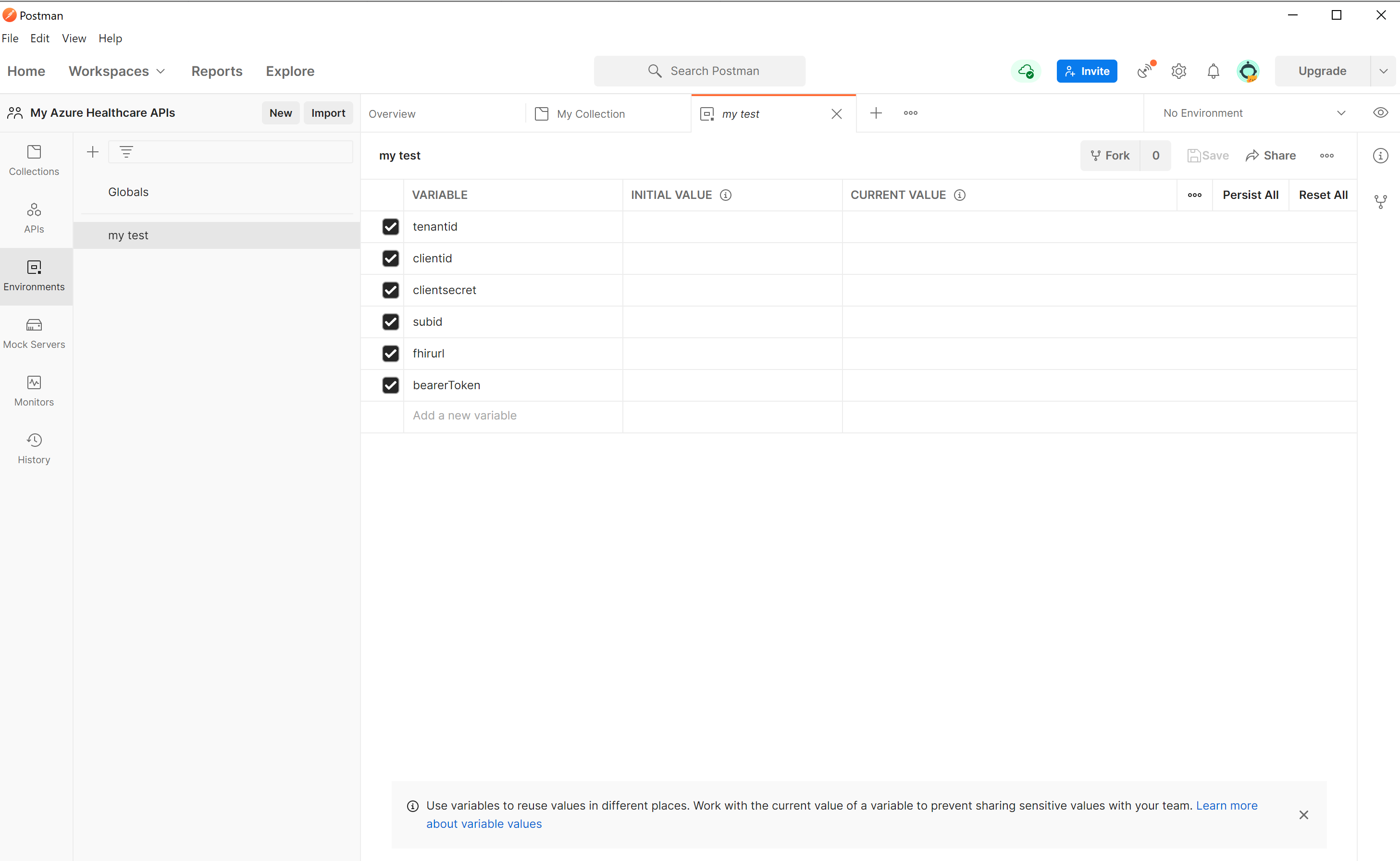 Skärmbild som visar miljövariabeln.