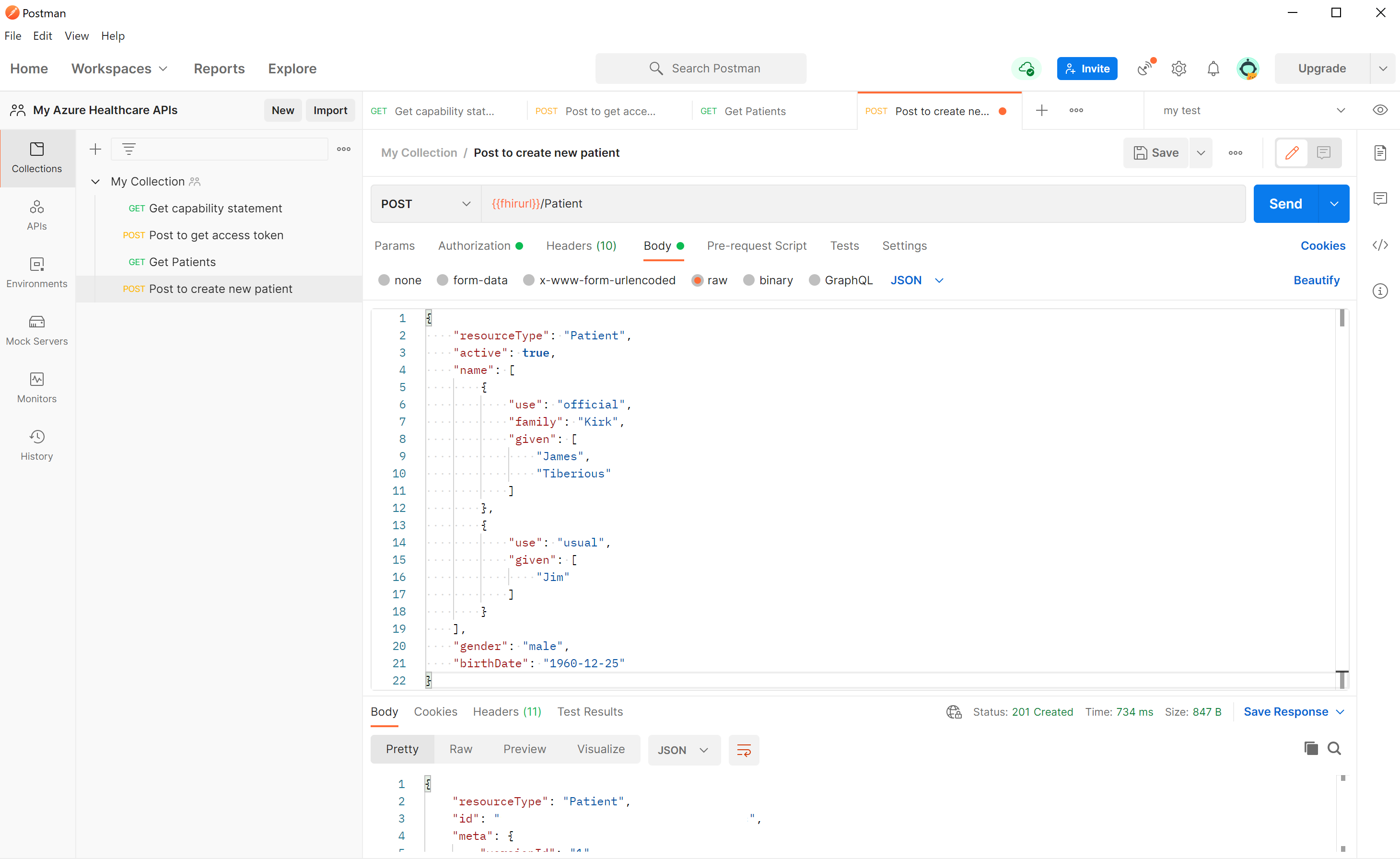 Skärmbild som visar knappen Skicka för att skapa en ny patient.