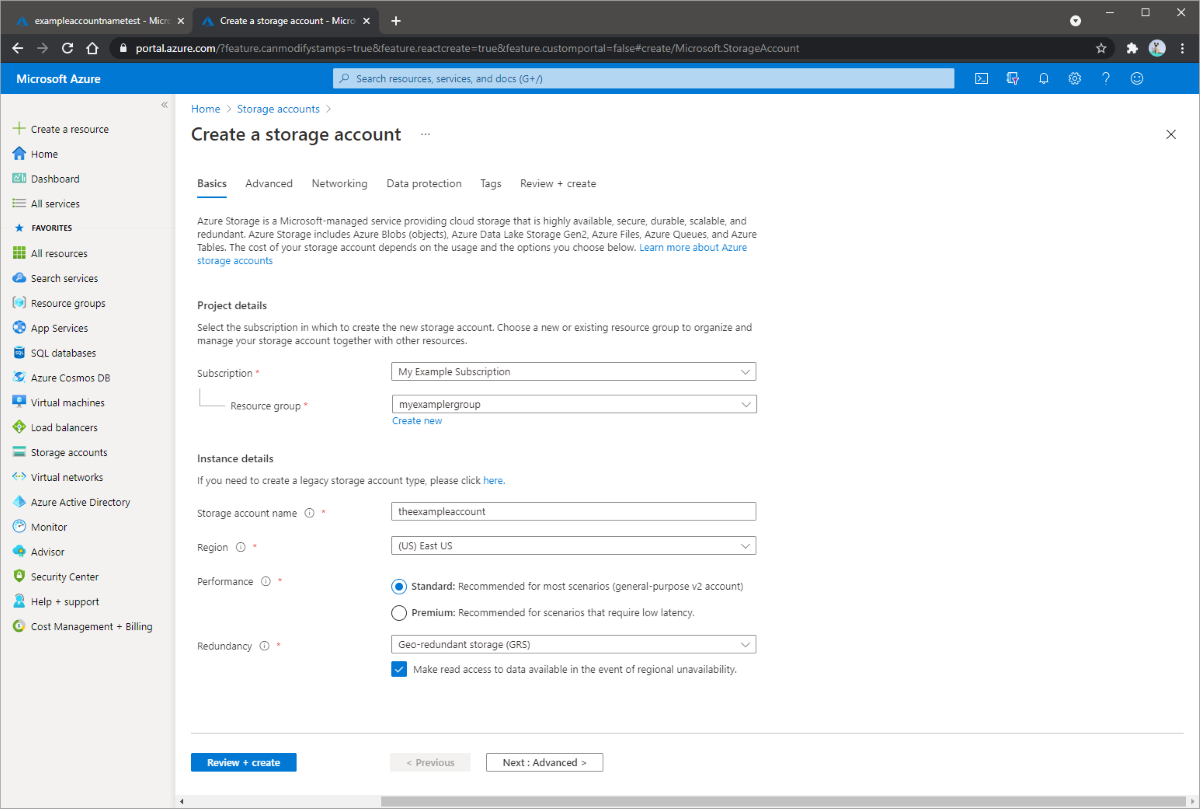 Skärmbild som visar hur du skapar ett lagringskonto i Azure Portal.