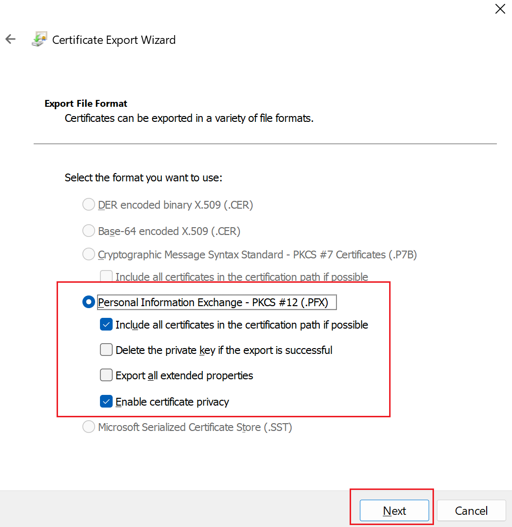 Skärmbild för sidan exportera filformat.