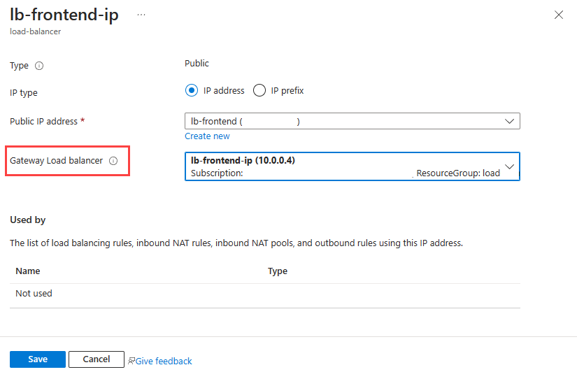 Skärmbild av tillägg av gateway load balancer till frontend-IP-adressen.
