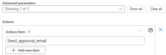 Skärmbild som visar rutan Åtgärdsobjekt -1 och åtgärdens JSON-namn.