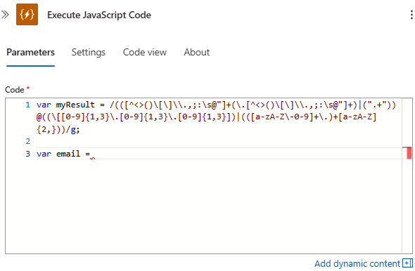 Skärmbild som visar konsumtionsarbetsflödet, åtgärden Kör JavaScript-kod och exempelkod som skapar variabler.